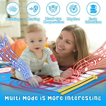 Oripira 2-in-1 Musical Mat Toys for 1 2 3 4 5 Year Old, Piano Keyboard & Drum Set with 2 Drum Sticks, Early Educational Musical Learning Toys Birthday for 1 2 3 4 5 Year Old Boys & Girls, Blue