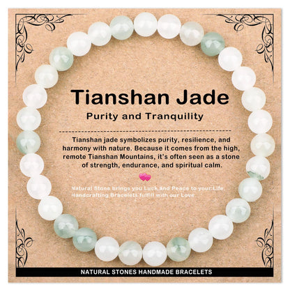 AD Beads 6mm Handmade Tianshan Jade Elastic Bracelet – Natural Gemstone for Purity and Tranquility – Meditation, Yoga, Healing and Energy Gift for Men Women