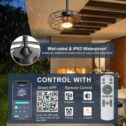 Coolbull Plug and Play Outdoor Ceiling Fans with Lights, 20'' Wet Rated Gazebo Fan Remote/APP Control, Dimmable Hanging Fan for Patio Pergola, Wood Color