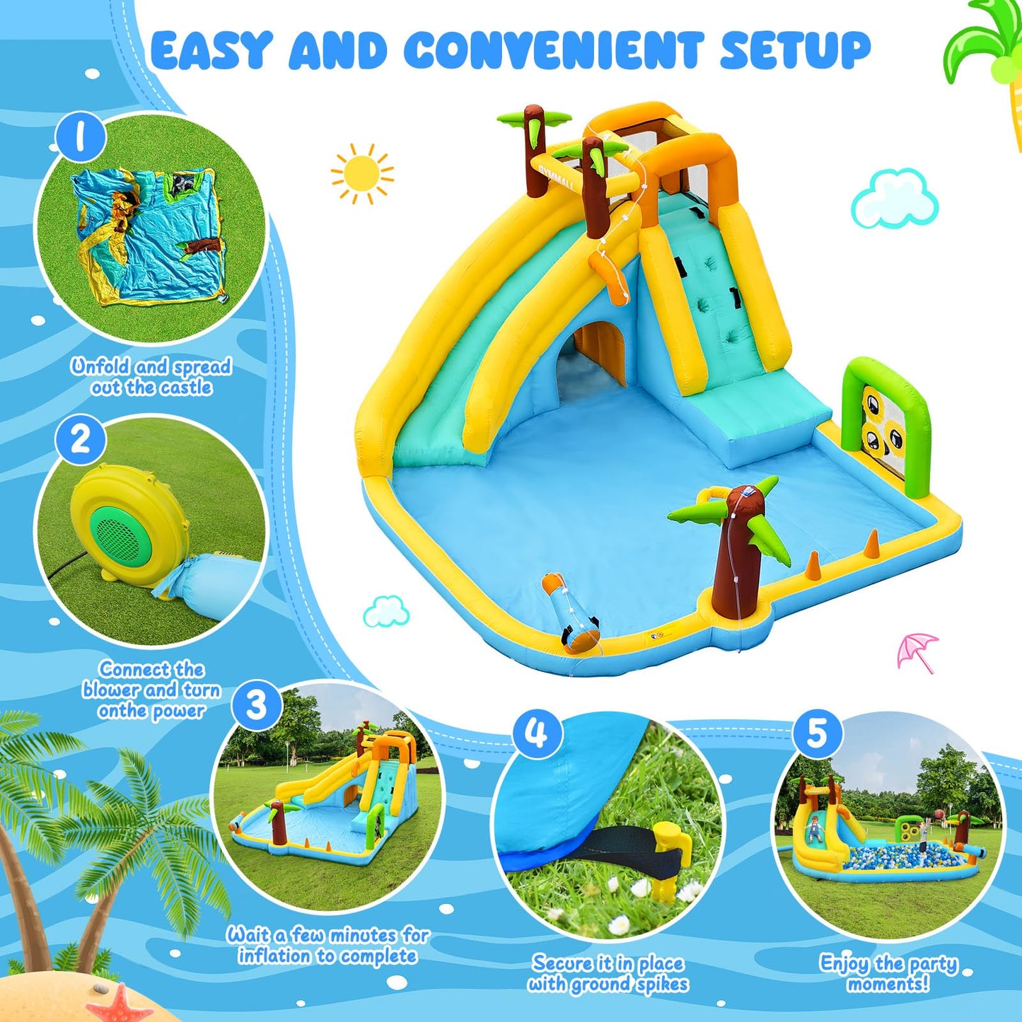 GYMMALL Inflatable Water Slide Bounce House with 450 W Blower, Blow up 10-in-1 Waterslide Park Bouncy Castle Outdoor and Indoor, Bouncer House with Splash Pool, Sprinklers and Long Slide