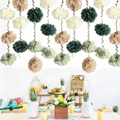 Tissue Paper Flowers Pom Pom Garland with Leaf Ribbon, 2 PCS 8.2ft Hanging Streamer for Wedding, Baby Shower, Rustic Boho Party Decor, Green Beige Neutral Tones, Reusable & Easy to Assemble