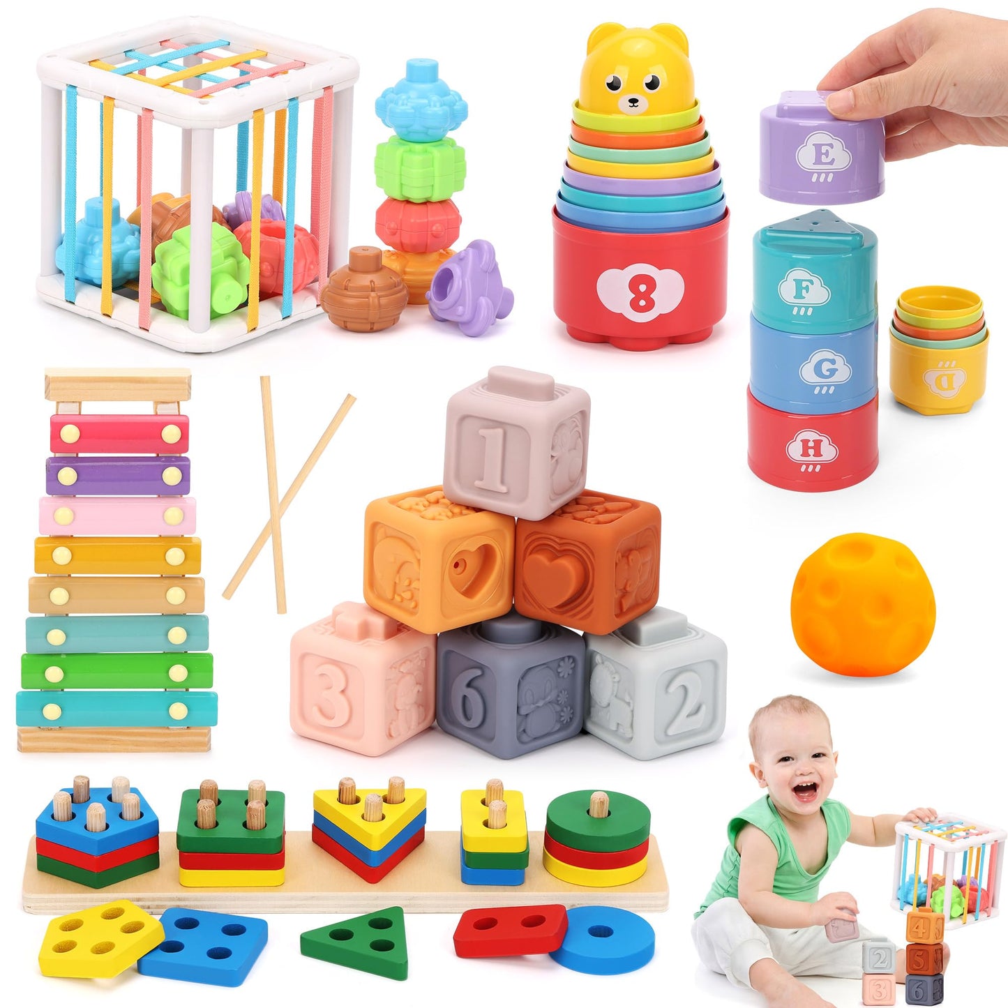 FlufiFiea 6 in 1 Montessori Baby Toys 6-12-18 Months Infant Sensory Developmental Toys Set, Toddler Gift Early Learning Baby Toys for 1 Year Old Boys Girls