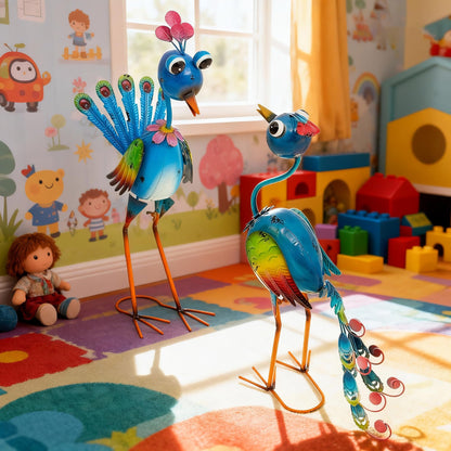 Ultym 22.5" Metal Peacock Garden Statues Set of 2, Whimsical Hand-Painted Cartoon Birds, Blue & Rainbow Yard Art for Patio Lawn, Indoor Shelf Decor, Unique Gift for Women