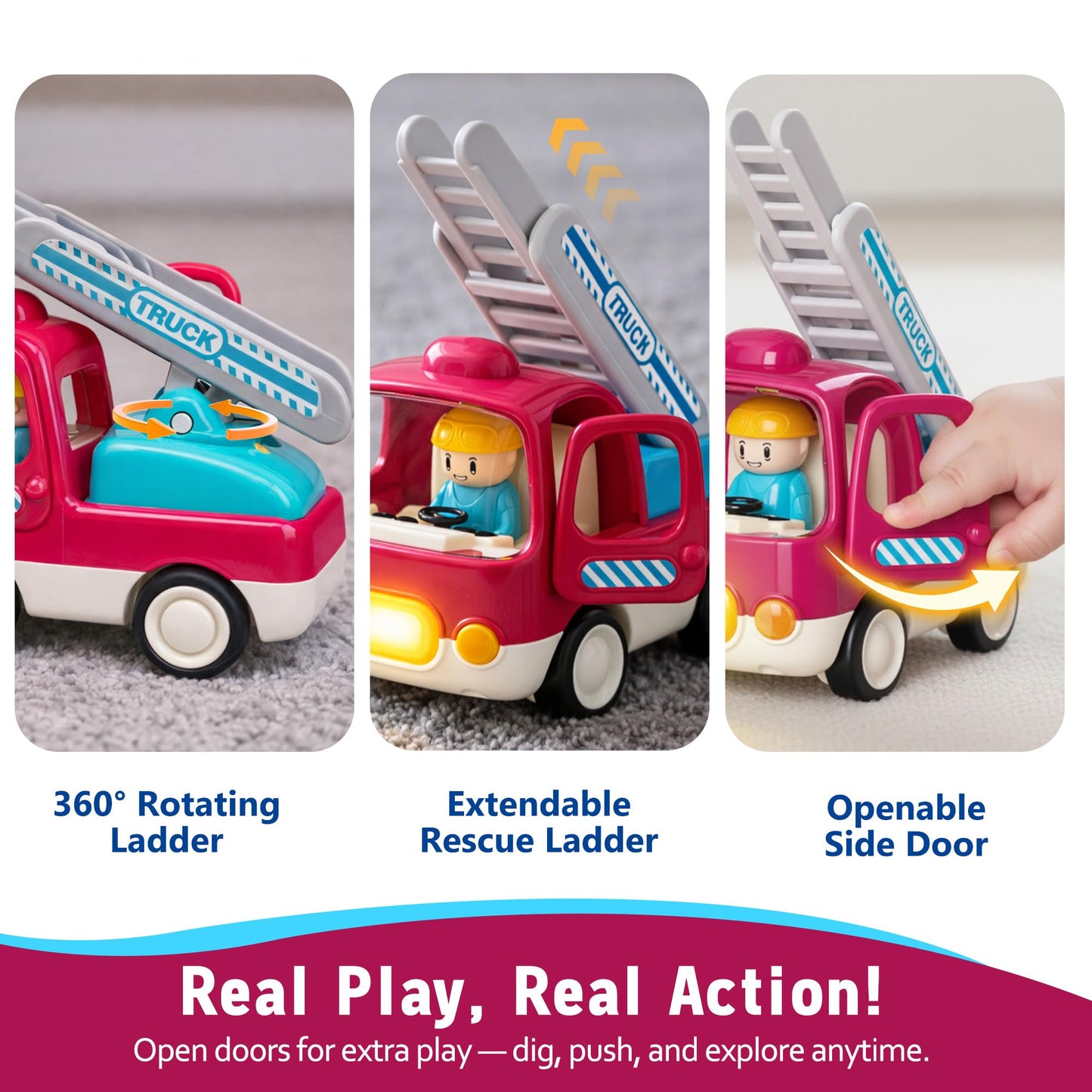 ROHSCE Baby Boy Construction Toys for 6-12 Months, Toddler Learning Toy Cars, Push and Go Friction Powered Fire Trucks with Light and Music, First Birthday Gifts for Boys