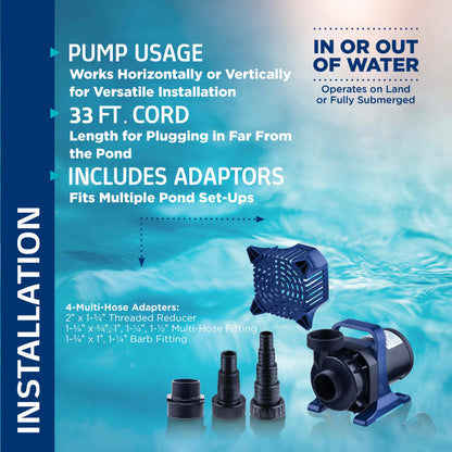 Alpine Corporation 4000 GPH Submersible Pump with 33 Ft Cord for Ponds, Fountains, Waterfalls, and Outdoor Water Features, 306W Quiet Motor, 21 Ft Lift, Multi-Angle Flow, Blue