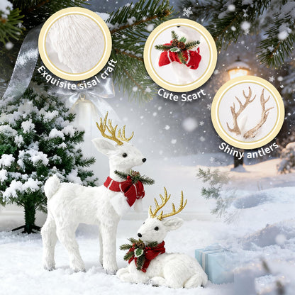 FTEJUWJ 2PCS Christmas Sisal Reindeer Decoration White Sisal Deer Silver Glitter Accented Reindeer Woodland Animals Figurines for Holiday Winter Centerpiece Christmas Tabletop Fireplace Decor (Gold)