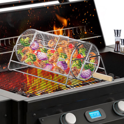 2-in-1 Rotatable Rolling Grill Basket, 304 Stainless Steel, with Removable Wooden Dual Handles & Rotating Stand, BBQ Accessories Tools for Vegetables Shrimp, Gifts for Birthday/Men/Dad/Husband