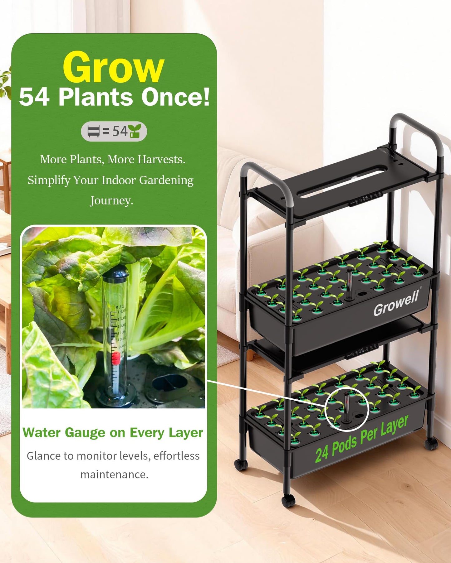 Growell Large Hydroponics Growing System Kit, Vertical Indoor Herb Garden Kit with LED Grow Light & Independent Water Pump, 28L Movable Indoor Planter Perfect Gardening Gifts (2 Tier-54 Pods Black)