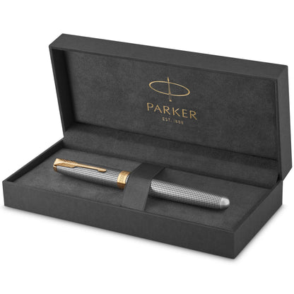 Parker Sonnet Fountain Pen Chiseled Silver with Gold Trim Solid 18k Gold Fine Nib (1931489)
