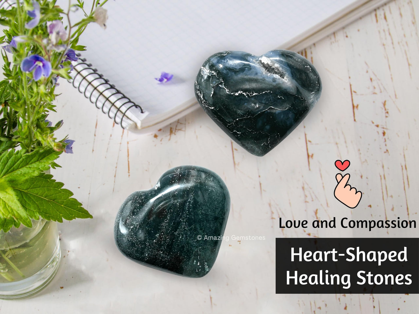 Moss Agate Crystal Heart Palm Stone - Pocket Massage Worry Stone for Natural Body Chakra Balancing, Reiki Healing and Crystal Grid