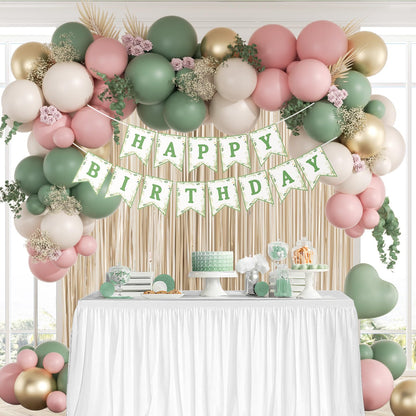 Pink and Sage Green Birthday Decorations with Light Pink Sage Green Sand White Metallic Gold Foil Balloons Fringe Curtain Banner for Happy Birthday Decorations for Women