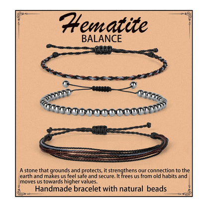 QOGIR Handmade Healing Bracelets,4mm Natural Hematite Gem Stone Beads Bracelet,for Men Women Gifts with 2PCS Size Adjustable Rope Bracelets