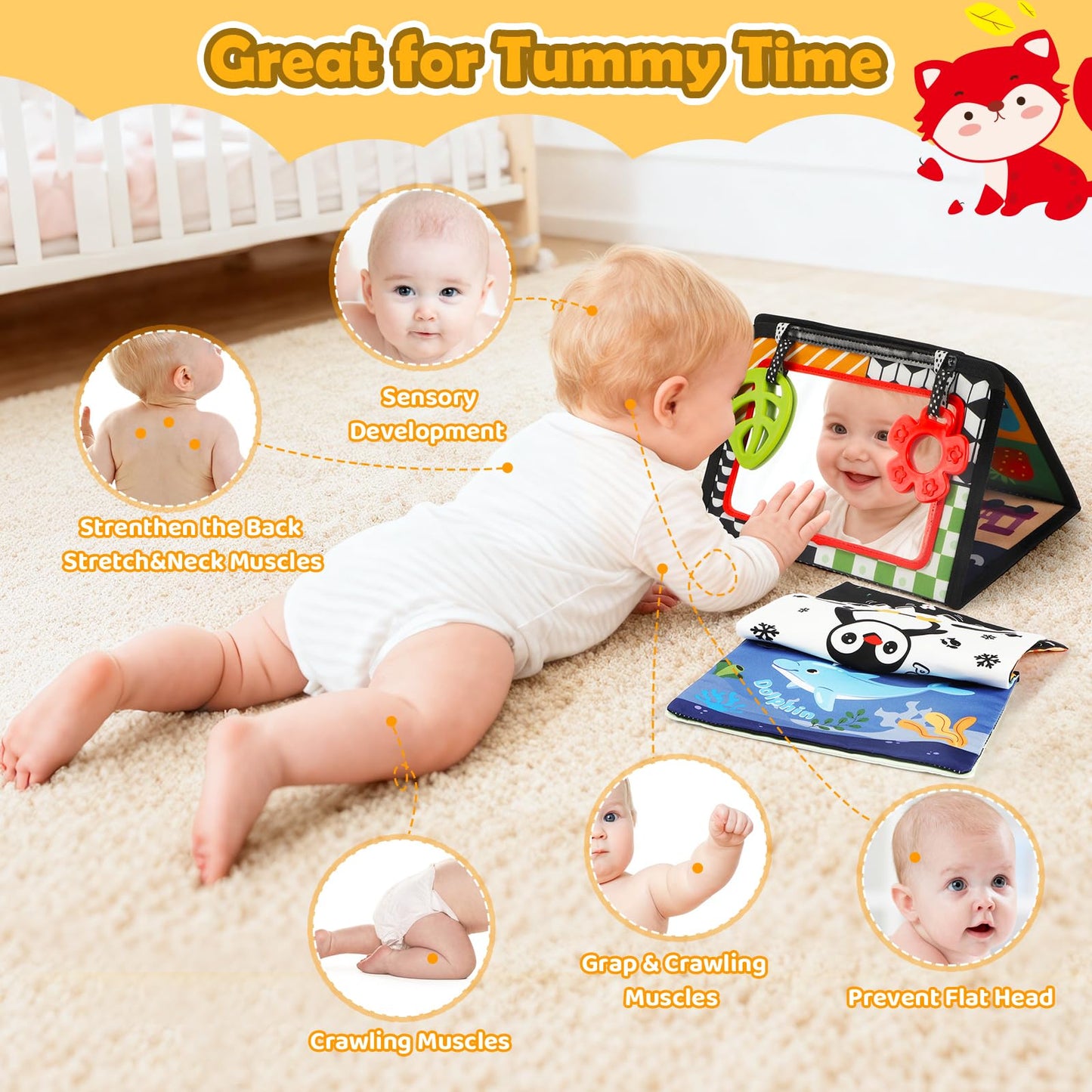 BBWOO Tummy Time Toys, Black and White High Contrast Baby Toys for Newborn, Baby Visual Stimulation Mirror, Montessori Crinkle Book for Infant 0-3-6-12 Months, Boy Girl Shower Gift