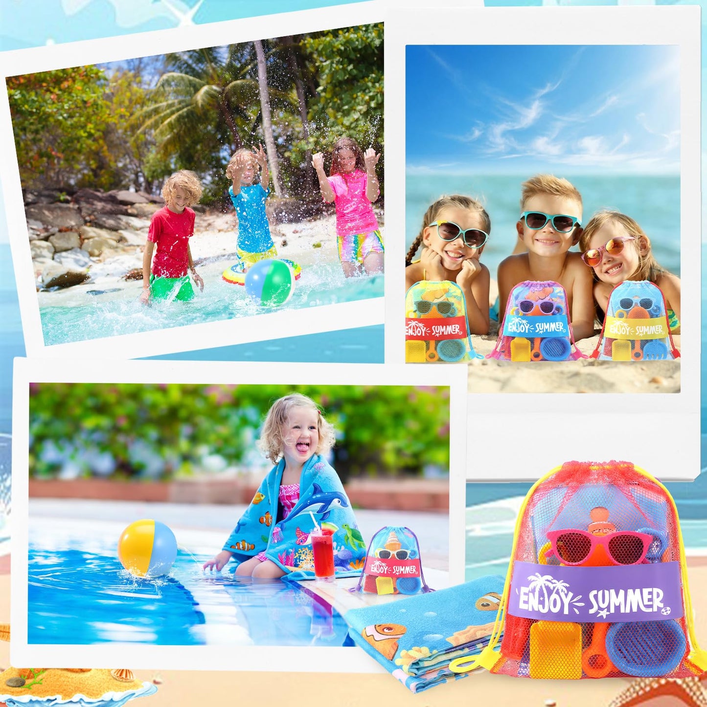 Honeydak 6 Set Pool Party Favors for Kids End of Year Gift Summer Mesh Drawstring Bag Beach Towels Ball Shovels Toys Bulk for Pool Beach Games Birthday Party Supplies Summer Graduation Student Gifts
