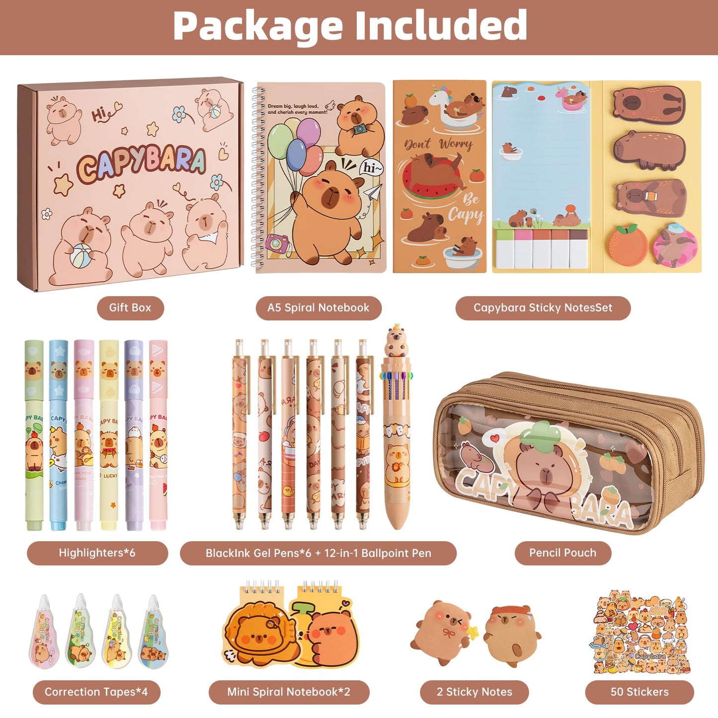 Sanfylikus Capybara Stationery Gift Set for Kids, 25PCS Cute School Supplies Kit w/Pencil Case, Notebook & Stickers, Kawaii Aesthetic Office Desk Accessories for Girls Boys Ages 5-14