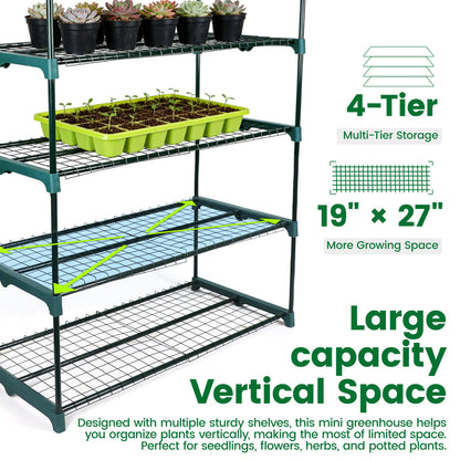 Worth Garden 4 Tier Mini Greenhouse - 63'' H x 27'' L x 19'' W - Sturdy Portable Gardening Shelves with PVC Cover - Small Green House Use in Indoor & Outdoor for Plants Flowers