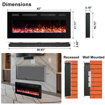 42 in Ultra Thin Electric Fireplace Insert with Remote Control 13 Flame&Flue Bed Colors, Overheat Protection and Thermostat, Low Noise Recessed&Wall Mounted Slim Fireplace Heater Chiminea with Dimmer
