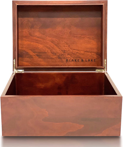 Blake & Lake Large Box with Hinged Lid - Wood Storage Box with Lid - Wooden Keepsake Decorative boxes with lids (Dark Oak)