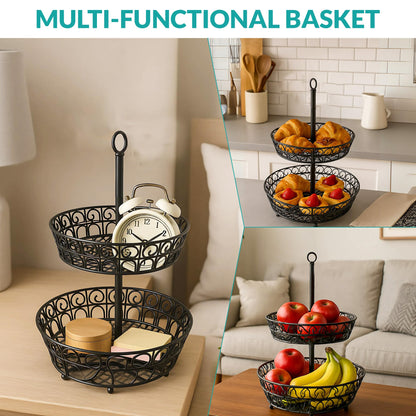 SDZOREN Large 2-Tier Fruit Basket for Kitchen Counter – Easy to Assemble, Antique Black, Stackable Fruit and Vegetable Storage Bowl (2 Layers)