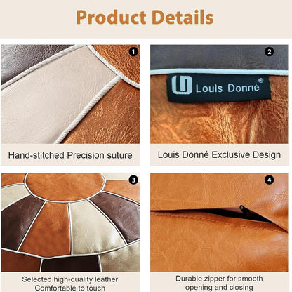 Louis Donné UNSTUFFED Pouf Ottoman Cover, Faux Leather Foot Stool for Foot Rest, Moroccan Style Pouffe Ottomans, 21" Round Handmade Small Bean Bag Covers for Storage, Footstools for Living Room
