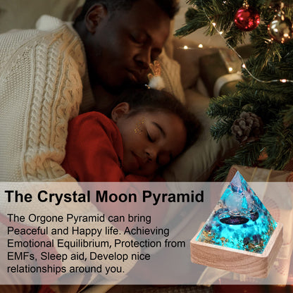 XQIGI Orgone Pyramid Crystal with Light Base, Orgonite Healing Meditation Reiki Stones Protection Amethyst with Copper for Anxiety Balance Anti-Stress Calmness Love (Moon)