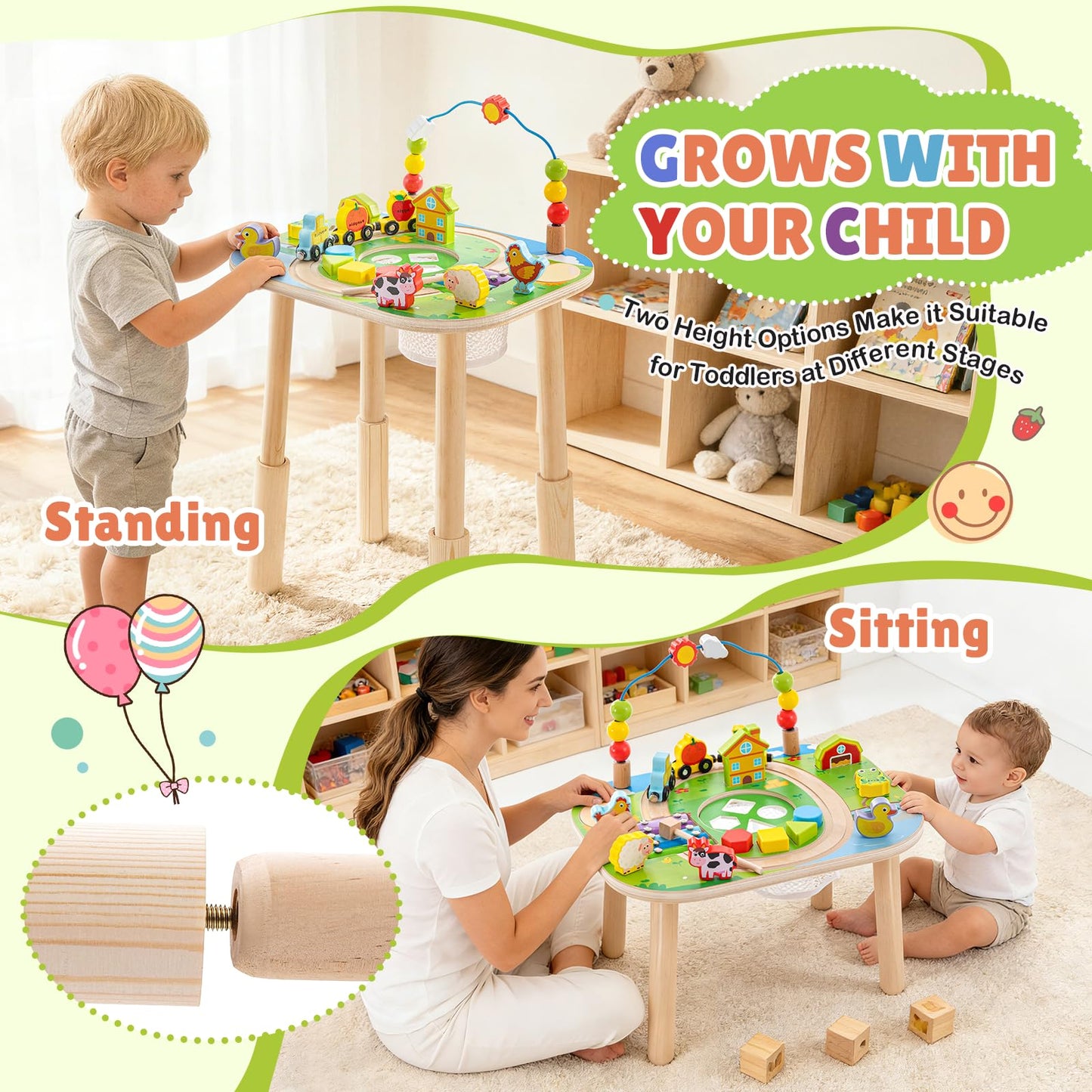 Activity Table for 1 Year Old with Two Height Levels,Wooden Sensory Play Table for Toddlers 1-3,8 in 1 Montessori Learning Toy with Bead Maze, Shape Sorter & Train,Gift for Baby Boys Girls (Farm)