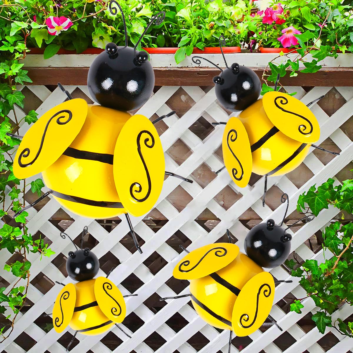 Miyolo Metal Bumble Bees Garden Outdoor Decor Honey Bee Yard Art Outside Patio Fence Home Wall Decorations (Set of 4)