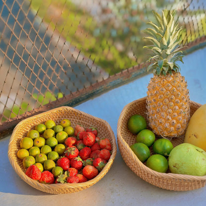 PYNAMIS 3 Pack Natural Rattan Round Wave Bread Basket, Fruit Bowl, Bread Basket Small Wicker Basket, Handmade Rattan Kitchen Decor, Fruit Storage, Basket Organizing, Set of 3 Size