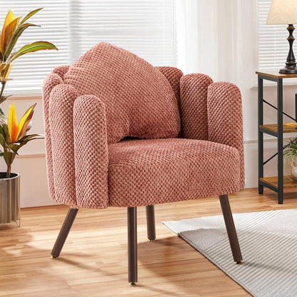 Furniliving Pink Vanity Chair, Velvet Accent Chair for Living Room, Shell Chairs with Wooden Legs, Makeup Chair for Bedroom, Armchair Cute Petal Reading Chair with Pillow