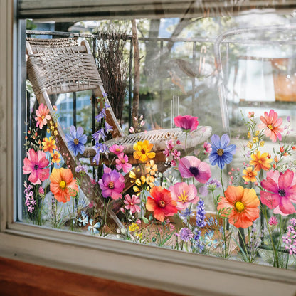 LOONELO Flower Garden Window Stickers, Wildflower Grass Door Decals, Lily Peony Poppy Floral Window Clings for Bedroom Living Room TV Office Decor Home Decoration