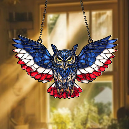 American Flag Owl Suncatcher Acrylic Suncatcher Window Hanging Ornament Patriotic Owl Decor for Home, Garden, Office 4th of July Gifts Bird Ornament for USA Lovers, Veterans, Nature Fans