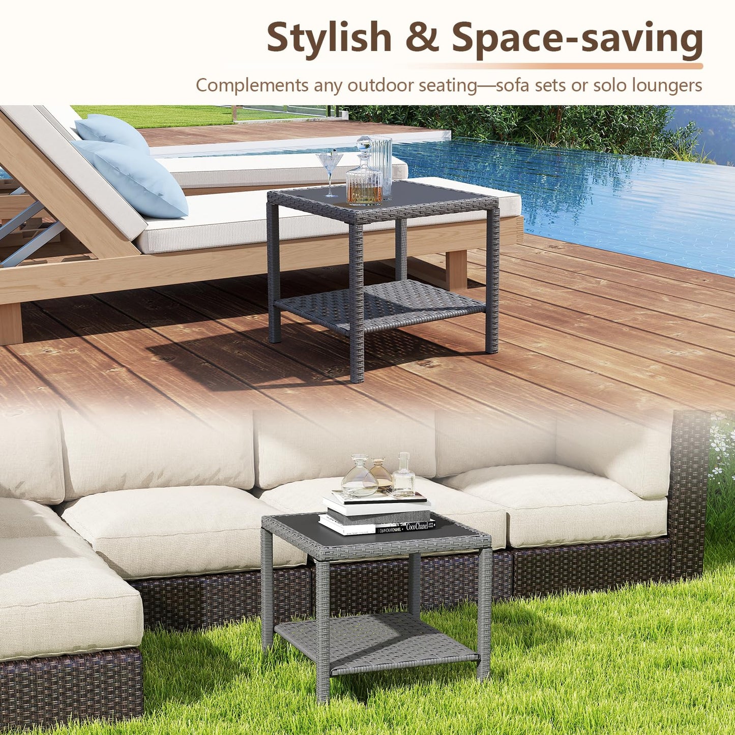 C-Hopetree Small Outdoor Coffee Side End Table for Outside Patio Storage, Gray All Weather Wicker with Glass Top, Square