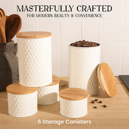 Alasitas 6 Canister Set for the Kitchen Countertop – Metal Food Storage Canisters with Airtight Lids for Flour, Tea, Crafts, Coffee, & Sugar – Container Set with Modern Wood Lids, White