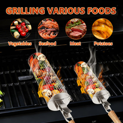 2-Pack Rolling Grill Basket with Detachable Handle, Upgraded Easy-Open Vegetable Grill Basket Set, 304 Stainless Steel BBQ Grilling Basket for Outdoor Grill Veggies, Fish, Meat- Gift for Men/ Dad/ Husband