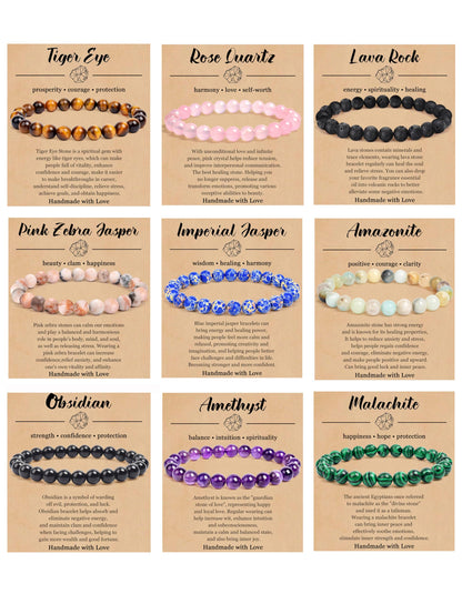 BOMAIL 9PCS Natural Crystal Bracelets for Women Men - 8mm Semi-Precious Gemstone Beaded Bracelets, Round Gemstones Stretch Bracelet, Yoga Bracelets Jewelry