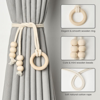 NICEEC 2 Pack Natural Cotton Rope Curtain Tiebacks Boho Style Decorative Drape Tie Backs Elegant Hand Woven Rope Curtain Holdbacks with Wooden Ring for Home & Office Window Drapery (B-Natural)