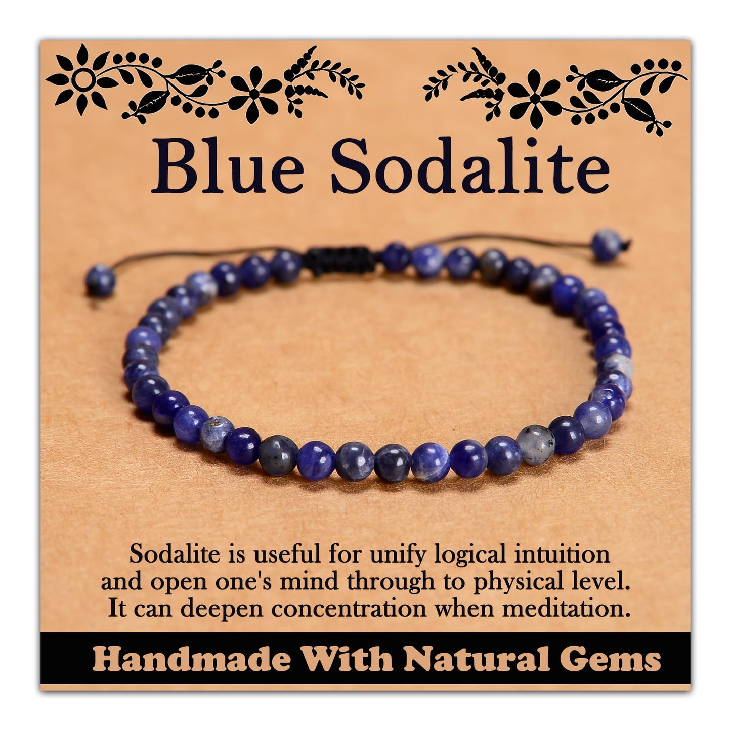 CHCCOYE 4mm Handmade Adjustable Natural Gemstone Crystal Bracelet Healing Power Energy Inspirational Gifts with Card for Unisex (Blue Sodalite)