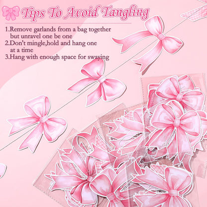 Daifunli 8 PCS Bow Decorations Bow Hanging Banners Garland Banners Paper Cutouts Ribbon Streamers for Birthday Bridal Engagement Bachelorette Wedding Party Decor(Pink)