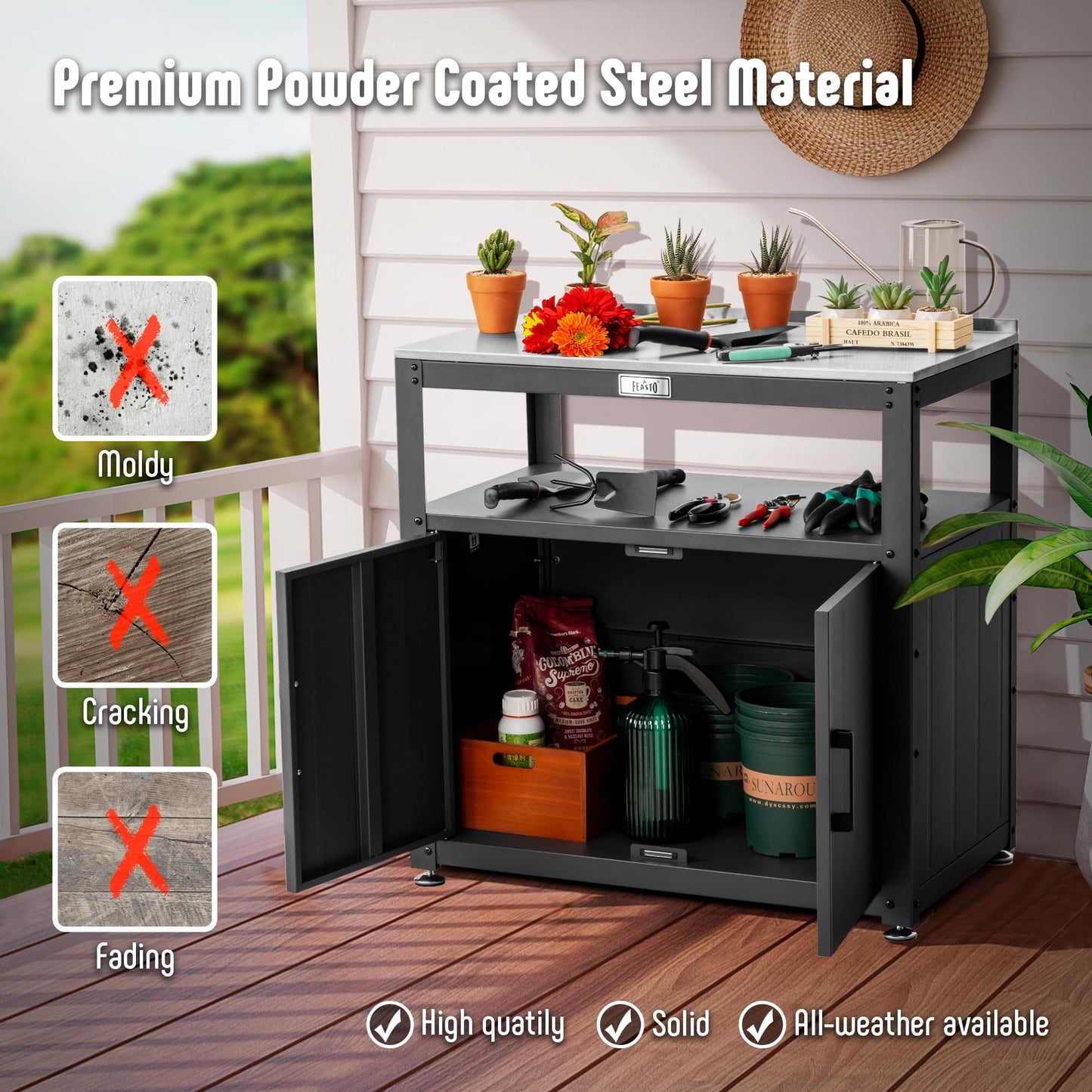 Feasto Garden Potting Bench with Storage, Outdoor Potting Table & Garden Work Bench for Plants, Horticulture, Outdoor Potting Station with Stainless Steel Tabletop, Outdoor Work Table