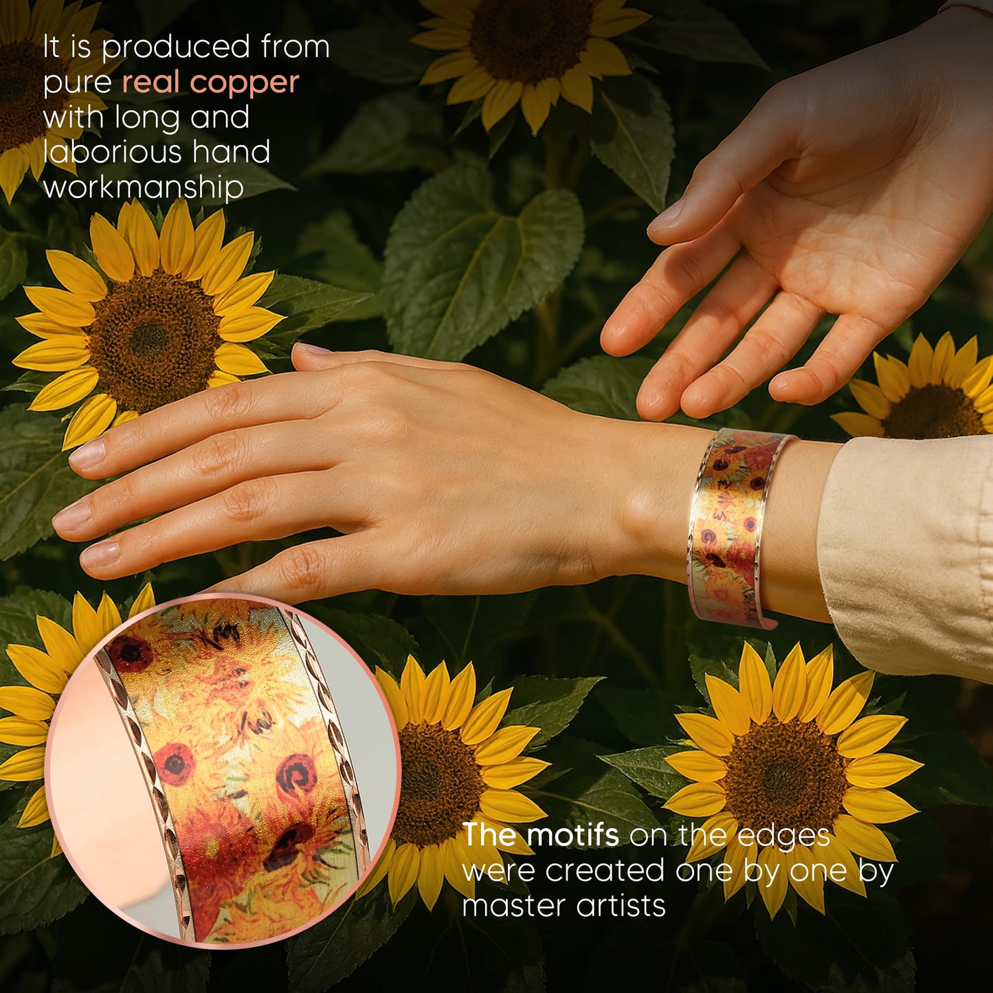 Moreni Copper Bracelet for Women – Handmade Engraved Cuff Inspired by “Sunflowers” – Artistic Pure Copper Jewelry with Gift Wooden Box