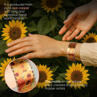 Moreni Copper Bracelet for Women – Handmade Engraved Cuff Inspired by “Sunflowers” – Artistic Pure Copper Jewelry with Gift Wooden Box