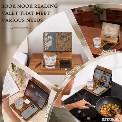 Book Holder Stand for Reading Rest, Wooden Foldable Book Rest with Book Page Holder, Cup, iPad & Phone Stand, Book Nook Reading Valet Desktop Triangle Bookstand Bookshelf for Readers Bookworms Gifts