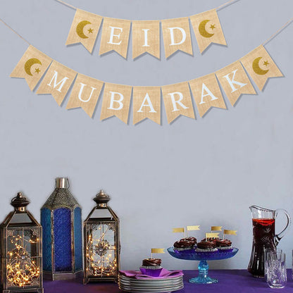 Uniwish Eid Mubarak Banner Burlap Eid Mubarak Decorations for Home Mantel Fireplace Decor Rustic Ramadan Moon Star Hanging Bunting