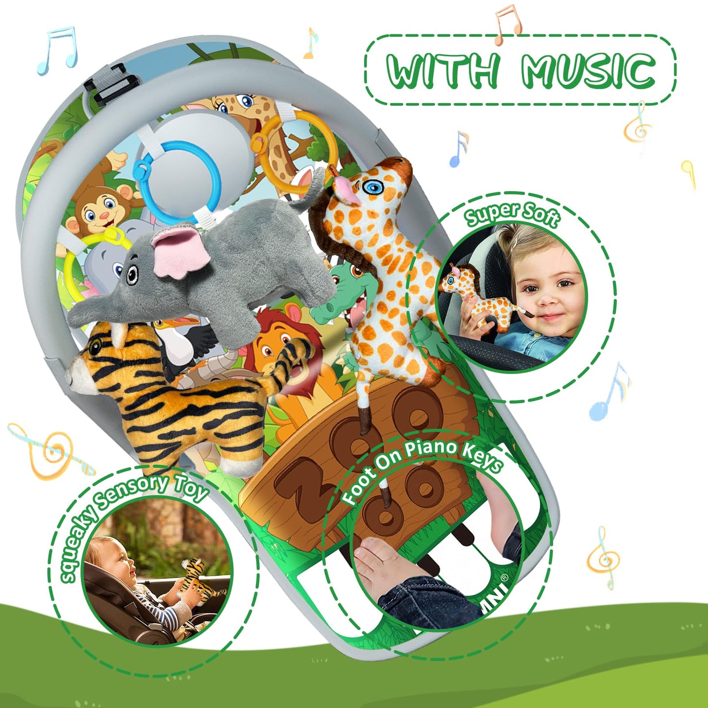 TOYMNI Car Seat Toys for 6-12 Months - Musical Pedal Piano with Baby Mirror, Squeaky Sensory Soft Animal Toys for Rear Facing Carseats