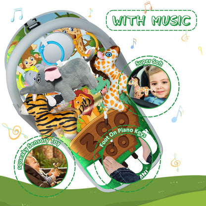 TOYMNI Car Seat Toys for 6-12 Months - Musical Pedal Piano with Baby Mirror, Squeaky Sensory Soft Animal Toys for Rear Facing Carseats