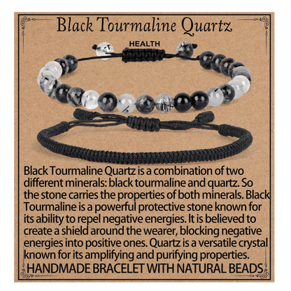 LPBeads 6mm Black Rutilated Bracelet with Handmade Rope Bracelet Size Adjustable Natural Stone Crystal Healing Bracelets Gifts for Unisex Adults