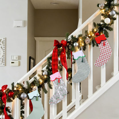4 Pack Christmas Stockings Green Red Block Print Holiday Scalloped Stockings 22" Canvas Floral Nature Xmas Socks with Tassel Rustic Christmas Hanging Decorations for Stairs Fireplace Xmas Home Decor