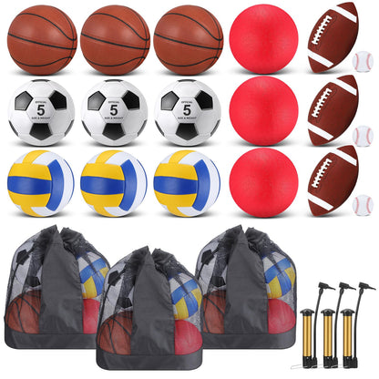 Leyndo 18 Pcs Sport Balls Bulk Set Basketball Football Volleyball Soccer Playground Baseball with Sport Equipment Bag Pump for Adults Gifts Outdoor Indoor(Brown)