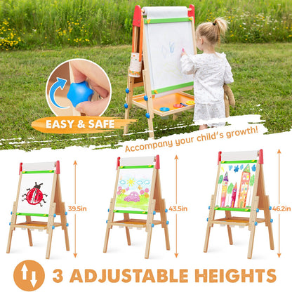 Tiny Land Easel for Kids with 2 Drawing Paper Roll, Adjustable Kids Art Easel, Learning-Toy for 3,4,5,6,7,8 Years Old Boy & Girls, Wooden Chalkboard & Magnetic Whiteboard & Painting Paper Stand