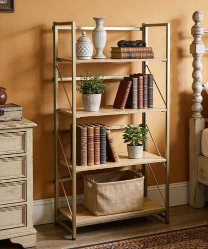 BIASUNS Folding Bookshelf,Multifunctional Foldable Plant Stand Storage Rack Shelves for Home Office, Easy Assembly, 4-Tier,Gold & Nature Wood
